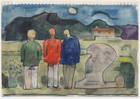 KT 2085
<br/>
Drie staande mannen, op de rug gezien, in een landschap
<br/>
<em>Kamerlingh Onnes, Harm Hendrick (1893-1985)</em>
